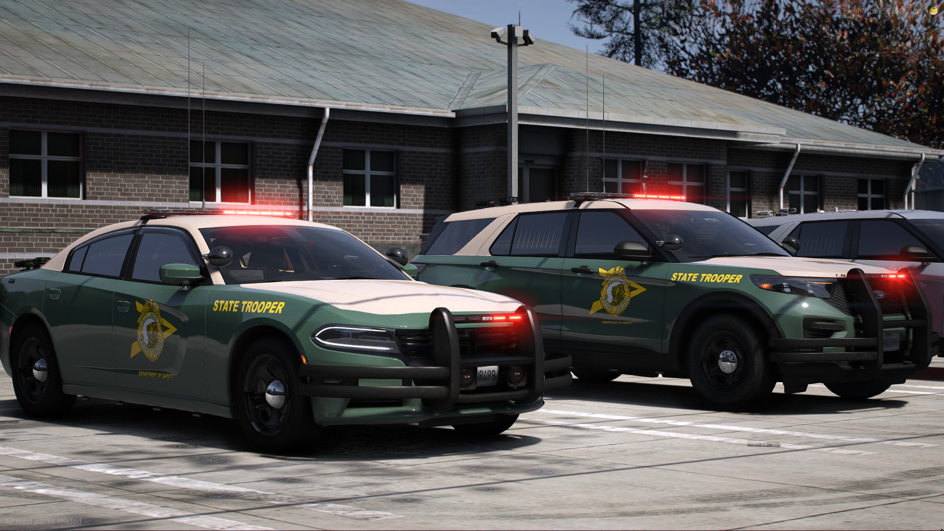 New Hampshire State Police green Charger cruisers parked side by side in FiveM