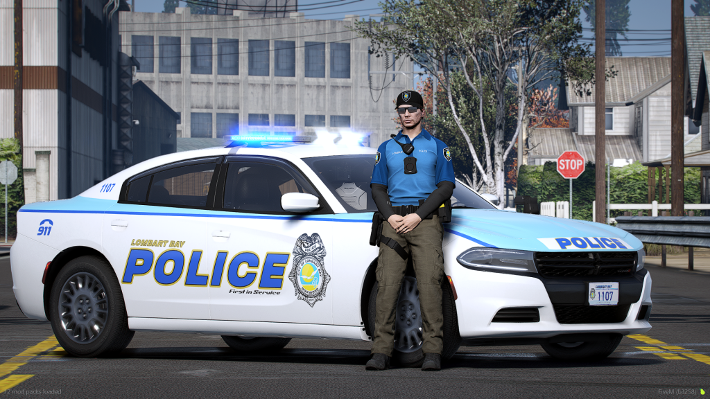 Lombardt Bay Police Charger livery in white and blue with officer in FiveM